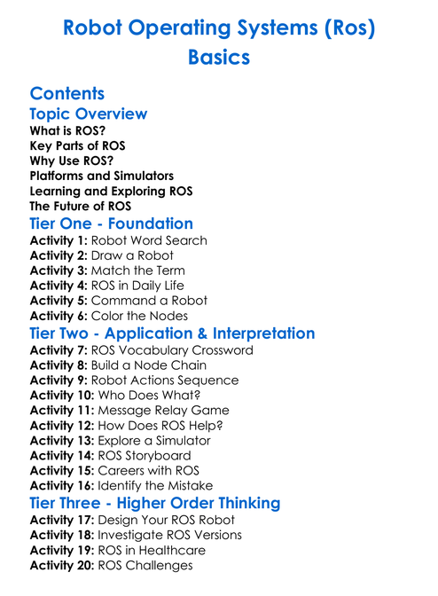 Robot Operating Systems Ros Basics Worksheet Activity Booklet