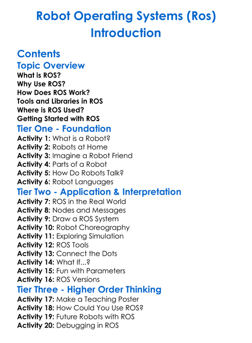 Robot Operating Systems Ros Introduction Worksheet Activity Booklet