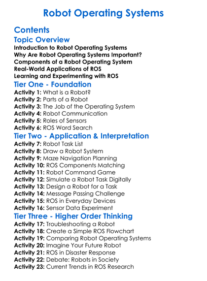 Robot Operating Systems Worksheet Activity Booklet
