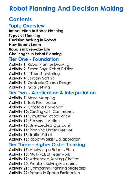 Robot Planning And Decision Making Worksheet Activity Booklet