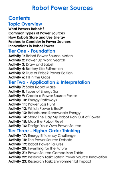 Robot Power Sources Worksheet Activity Booklet