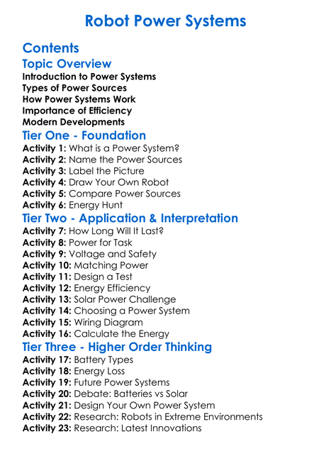 Robot Power Systems Worksheet Activity Booklet