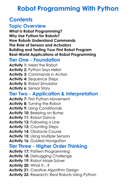 Robot Programming With Python Worksheet Activity Booklet