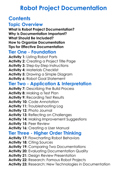 Robot Project Documentation Worksheet Activity Booklet