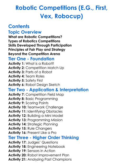 Robotic Competitions Eg First Vex Robocup Worksheet Activity Booklet