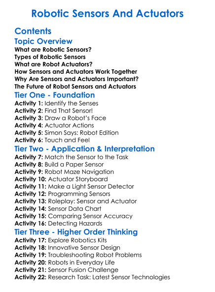 Robotic Sensors And Actuators Worksheet Activity Booklet