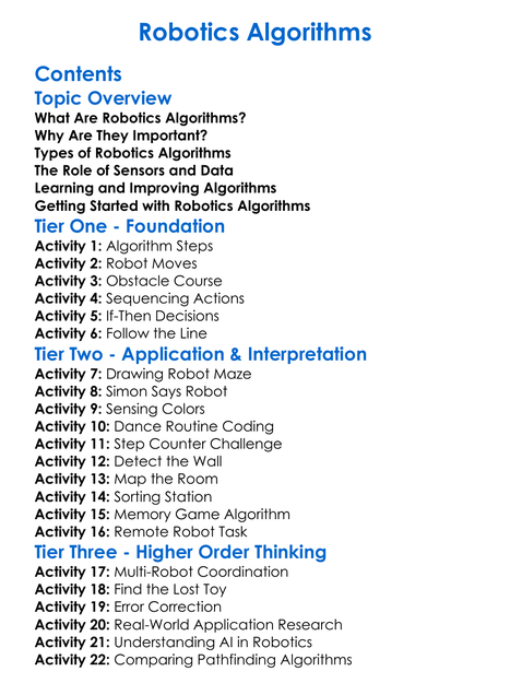 Robotics Algorithms Worksheet Activity Booklet