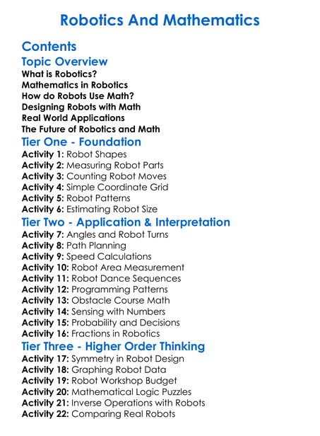 Robotics And Mathematics Worksheet Activity Booklet