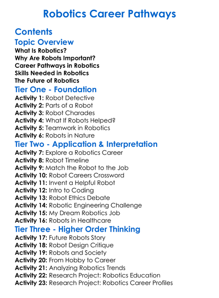 Robotics Career Pathways Worksheet Activity Booklet