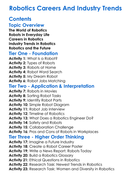 Robotics Careers And Industry Trends Worksheet Activity Booklet