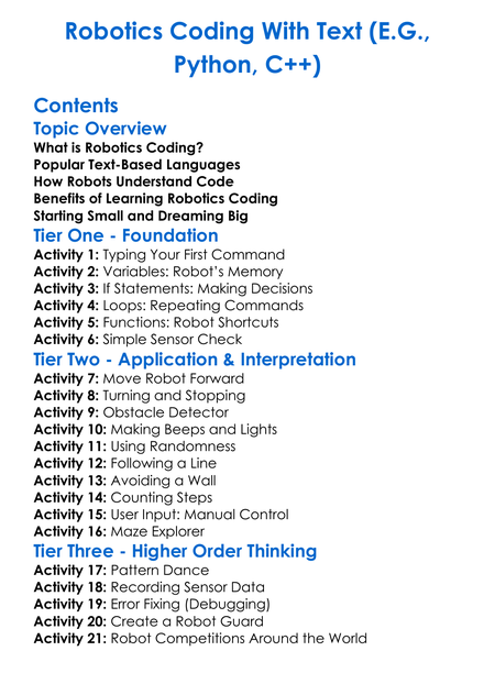 Robotics Coding With Text Eg Python C Worksheet Activity Booklet