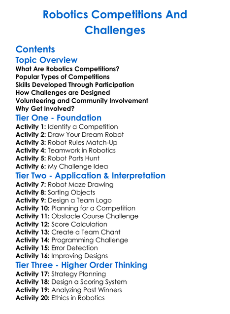 Robotics Competitions And Challenges Worksheet Activity Booklet