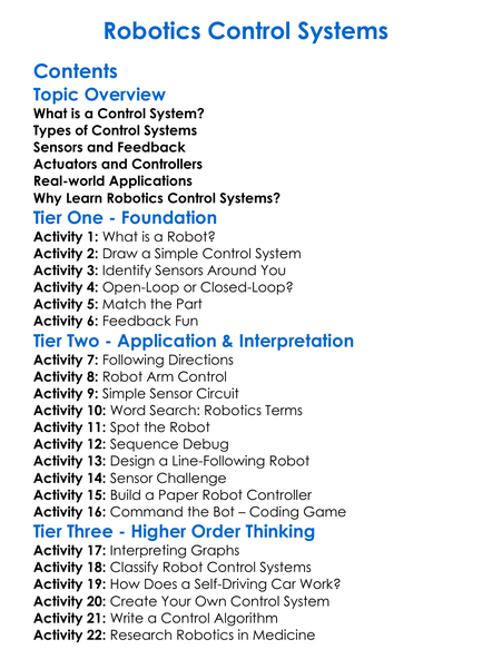 Robotics Control Systems Worksheet Activity Booklet