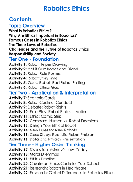 Robotics Ethics Worksheet Activity Booklet