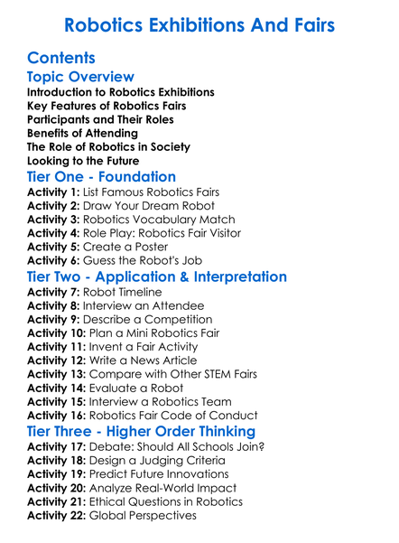 Robotics Exhibitions And Fairs Worksheet Activity Booklet