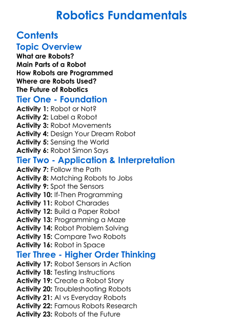 Robotics Fundamentals Worksheet Activity Booklet