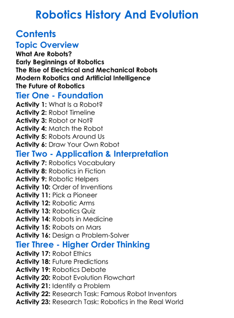 Robotics History And Evolution Worksheet Activity Booklet