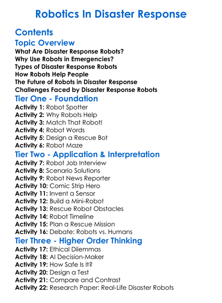 Robotics In Disaster Response Worksheet Activity Booklet