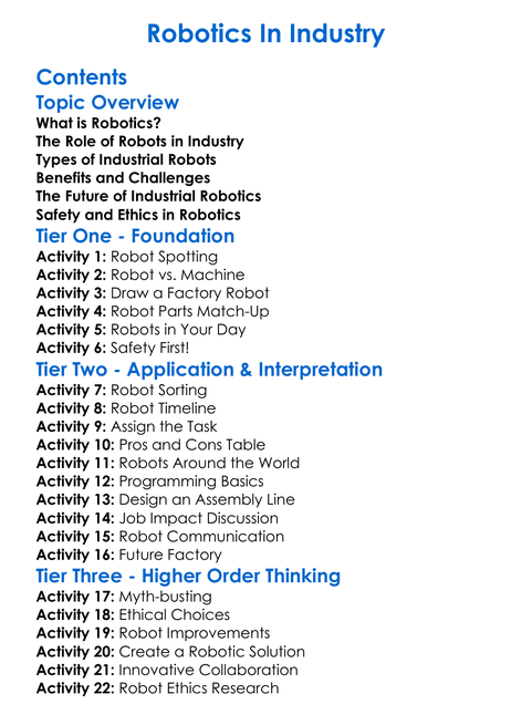 Robotics In Industry Worksheet Activity Booklet