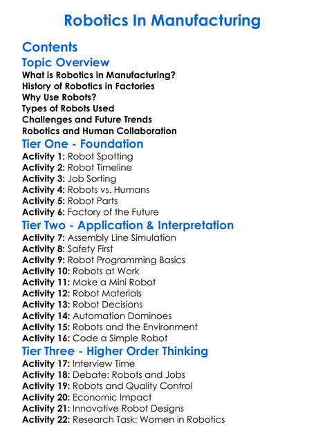 Robotics In Manufacturing Worksheet Activity Booklet