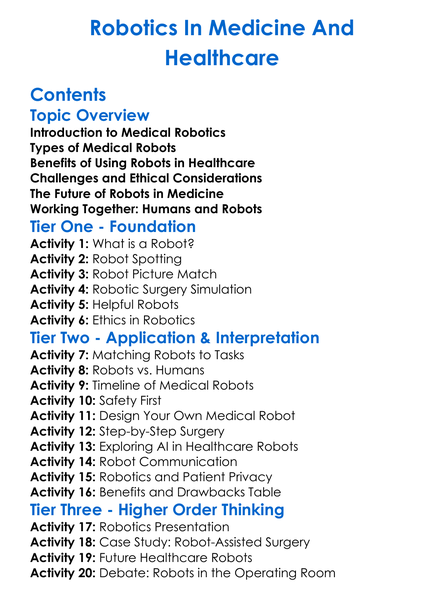 Robotics In Medicine And Healthcare Worksheet Activity Booklet