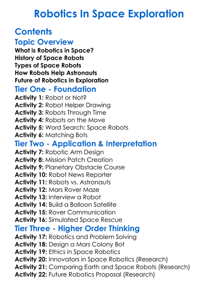 Robotics In Space Exploration Worksheet Activity Booklet