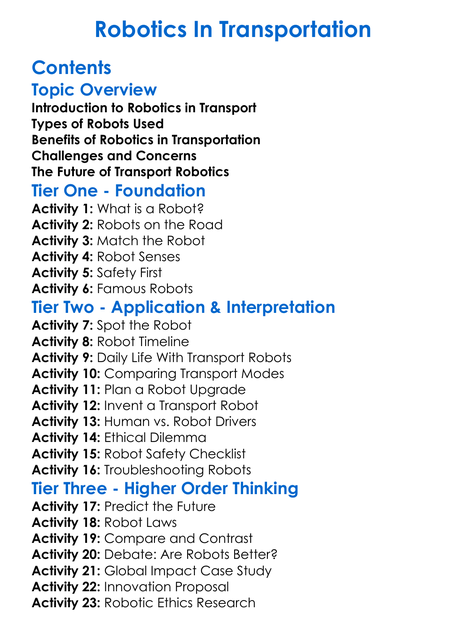 Robotics In Transportation Worksheet Activity Booklet