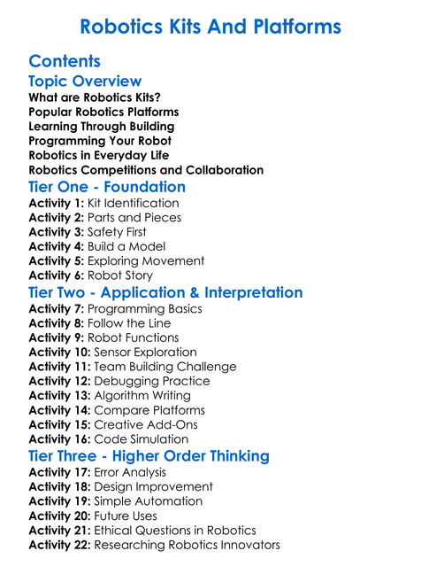 Robotics Kits And Platforms Worksheet Activity Booklet