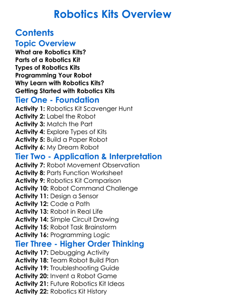 Robotics Kits Overview Worksheet Activity Booklet