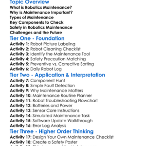 Robotics Maintenance Worksheet Activity Booklet