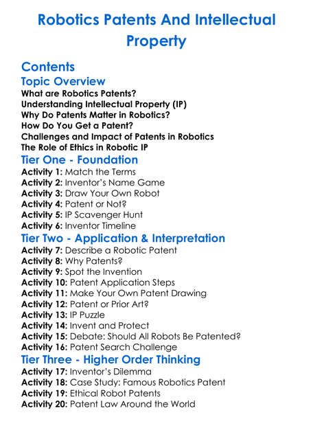 Robotics Patents And Intellectual Property Worksheet Activity Booklet
