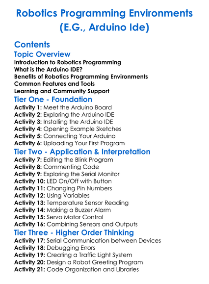 Robotics Programming Environments Eg Arduino Ide Worksheet Activity Booklet