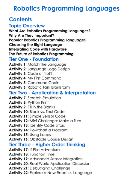 Robotics Programming Languages Worksheet Activity Booklet