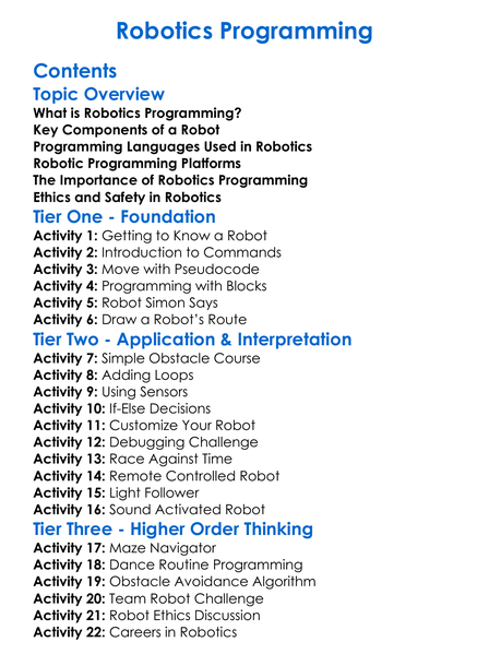 Robotics Programming Worksheet Activity Booklet