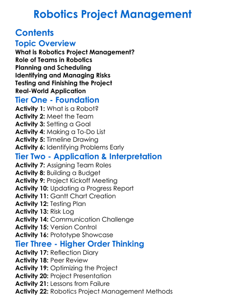 Robotics Project Management Worksheet Activity Booklet