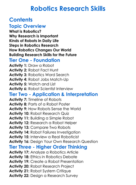 Robotics Research Skills Worksheet Activity Booklet