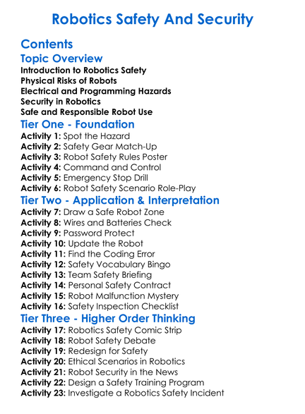 Robotics Safety And Security Worksheet Activity Booklet