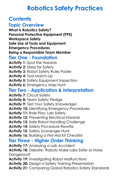 Robotics Safety Practices Worksheet Activity Booklet
