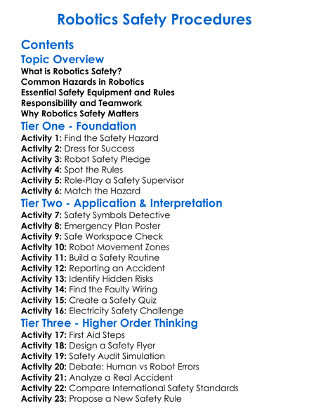 Robotics Safety Procedures Worksheet Activity Booklet