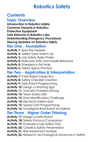 Robotics Safety Worksheet Activity Booklet