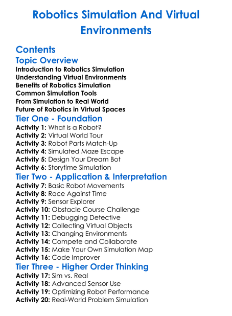 Robotics Simulation And Virtual Environments Worksheet Activity Booklet