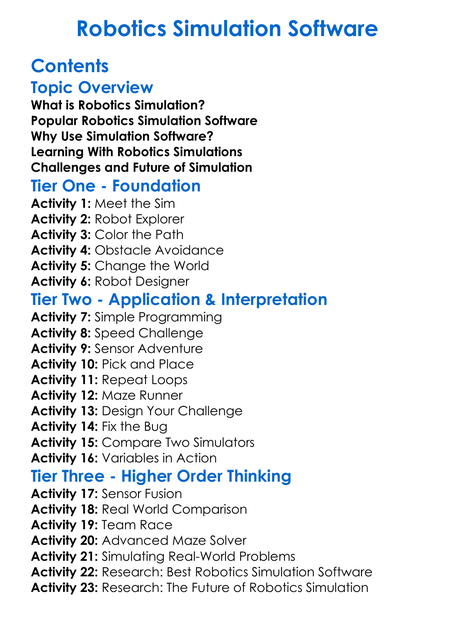 Robotics Simulation Software Worksheet Activity Booklet