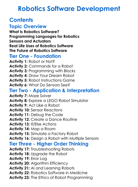 Robotics Software Development Worksheet Activity Booklet