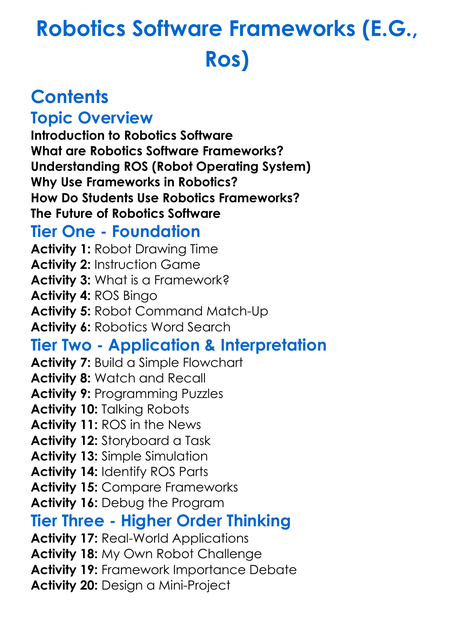 Robotics Software Frameworks Eg Ros Worksheet Activity Booklet