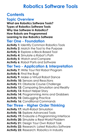 Robotics Software Tools Worksheet Activity Booklet