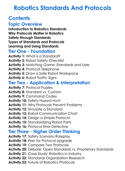 Robotics Standards And Protocols Worksheet Activity Booklet