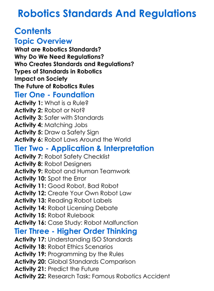 Robotics Standards And Regulations Worksheet Activity Booklet