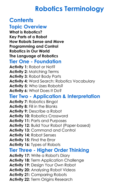 Robotics Terminology Worksheet Activity Booklet