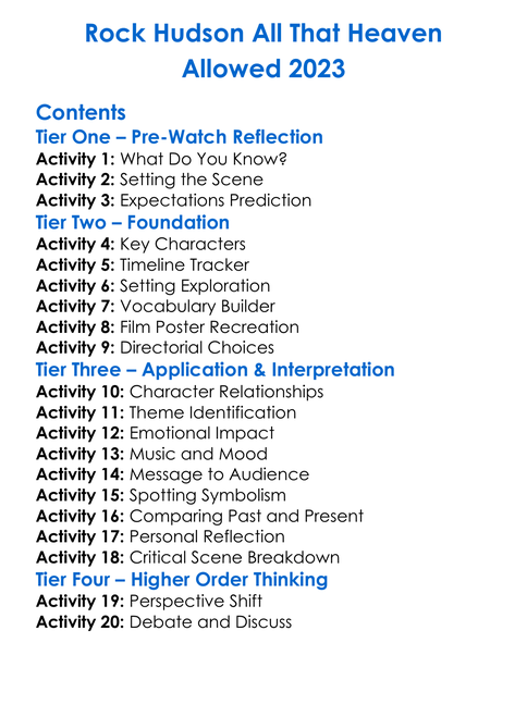 Rock Hudson All That Heaven Allowed 2023 Worksheet Activity Booklet