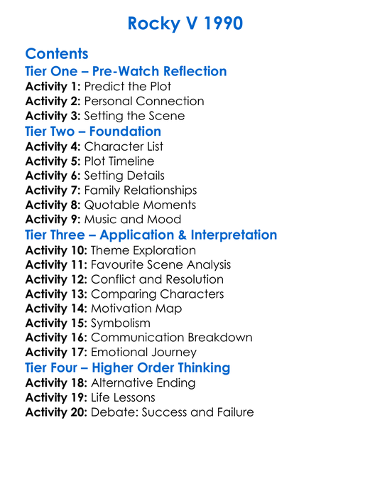 Rocky V 1990 Worksheet Activity Booklet